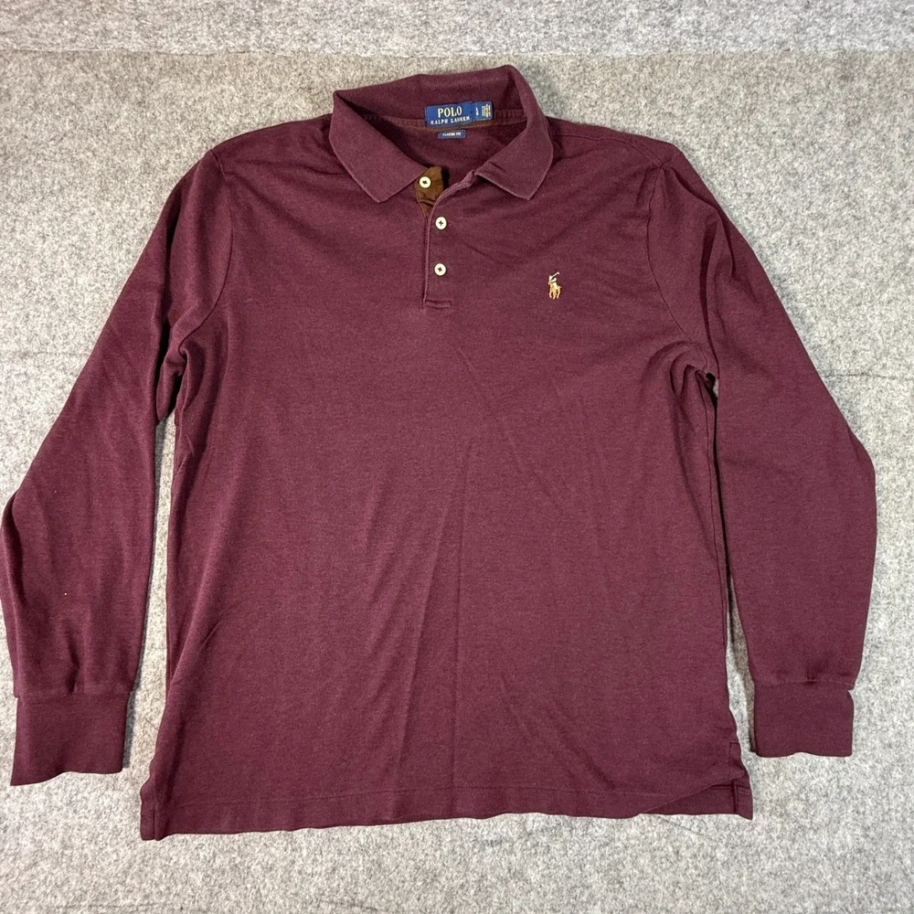 Polo Ralph Lauren Polo Shirt Mens Large Burgundy Long Sleeve Classic Fit Cotton